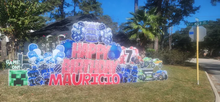 Custom yard sign rental setup designed for neighborhood celebration photos
